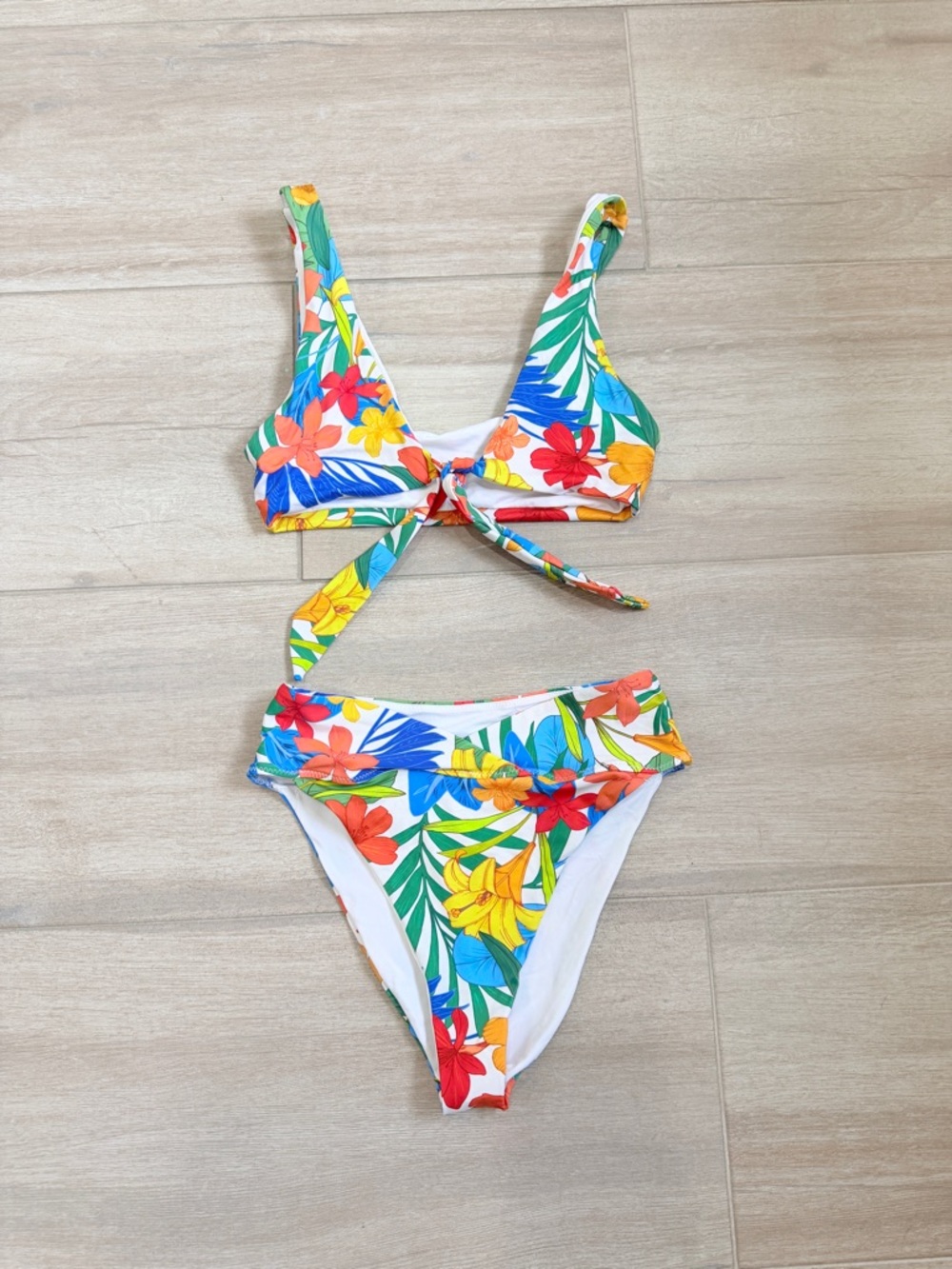 Hurley Tropical Floral Tie-Front Bikini - Blue, Yellow, Red, Green